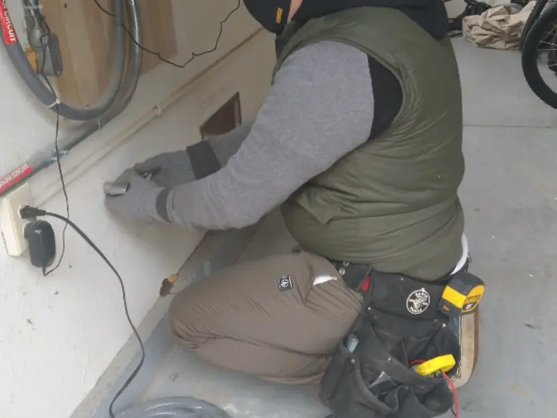 Electrician performing outlet wiring in a Fairview Park garage